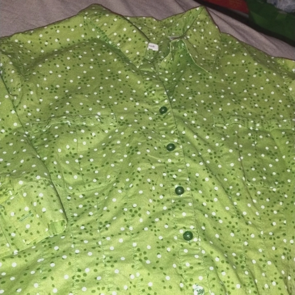 Coldwater Creek Lime Green Polka Dot Button-Up Blouse Roll Tab Sleeves 2x